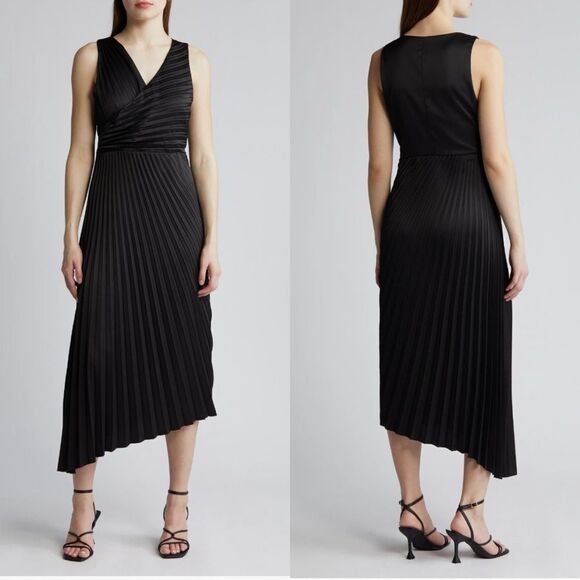 Sam‎ Edelman Pleated Asymmetric Hem Satin Dress, Classic Black, Size 10, NWT - Picture 1 of 6
